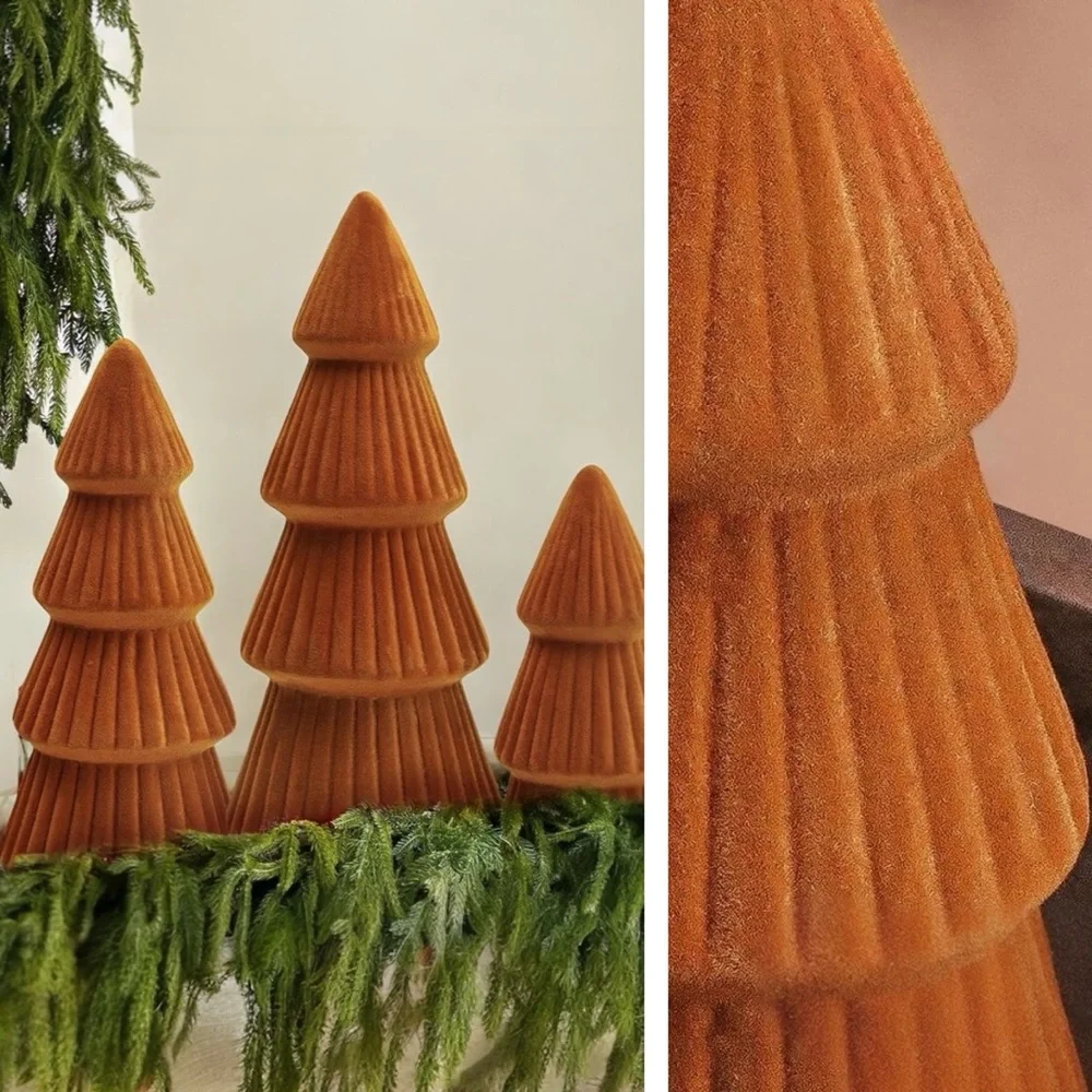 NEW West Elm XL Orange Boho Velvet Christmas Tree Set of 3 Holiday Mantle Decor